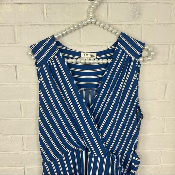 Monteau Blue White Striped Faux Wrap Mini Dress Size L - Picture 3 of 8